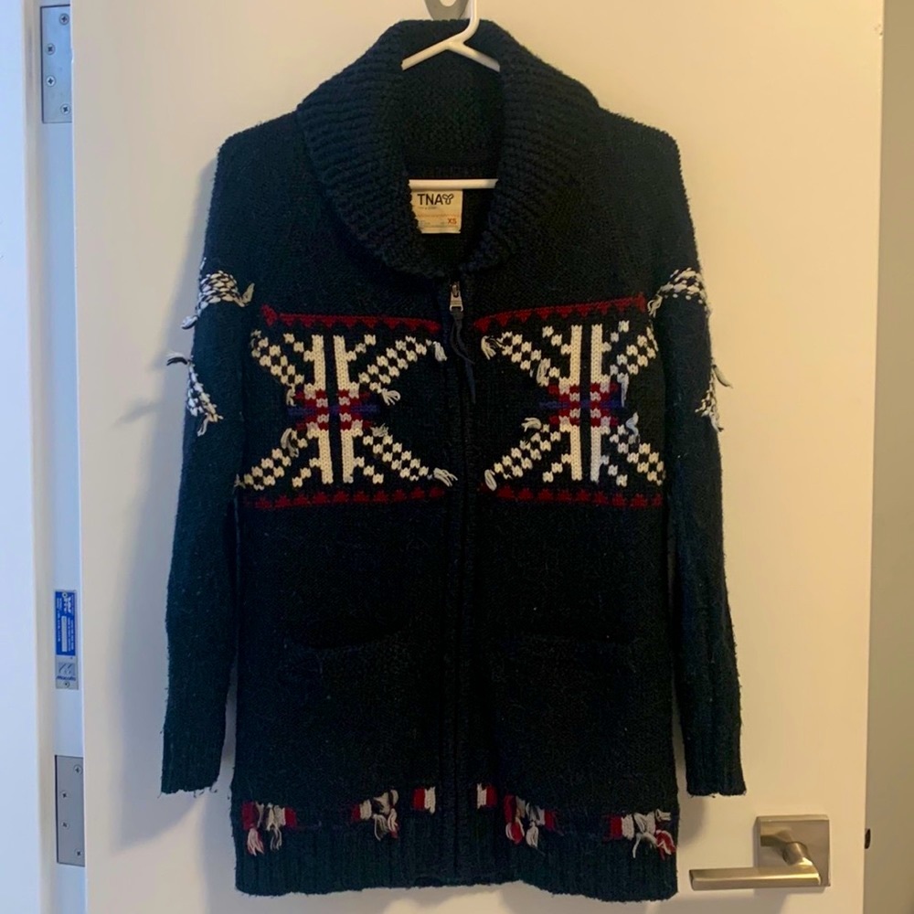 TNA XS zip up merino wool cardigan navy blue
